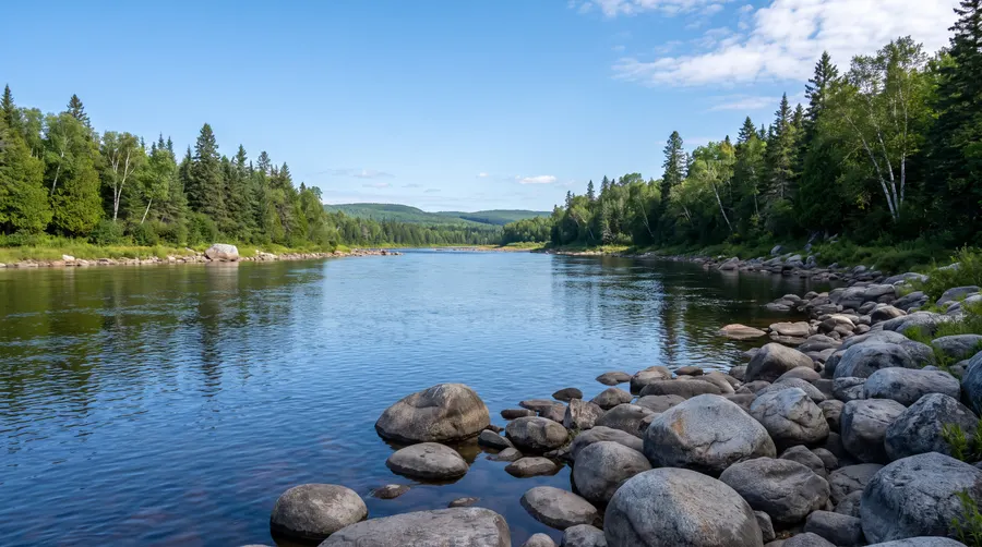 Illustration générée : une large rivière calme entre des rives d'épinettes et de bouleaux, avec des roches grises au premier plan, sous un ciel bleu.