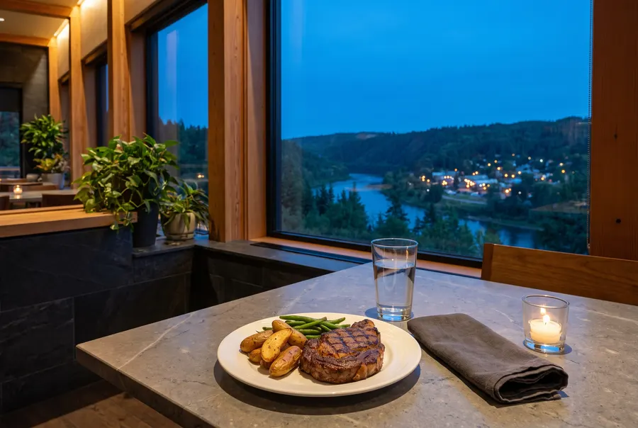 Illustration générée : une assiette de steak, de pommes de terre et de haricots verts sur une table de pierre grise, devant une grande fenêtre qui donne sur une vallée boisée au soir.